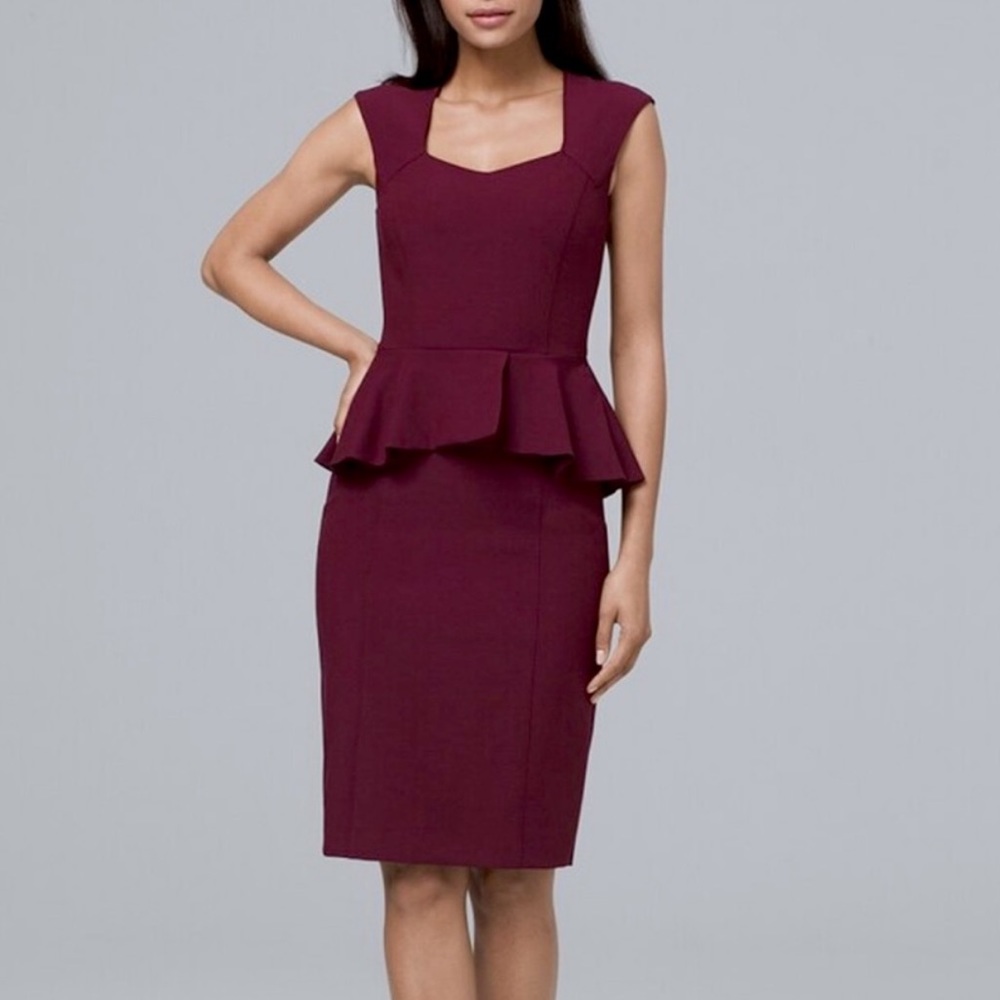 WHBM Body Perfecting Peplum Classy Sheath Dress Purple Wine Burgundy Womens 2